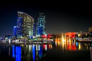 buildings, nature, city, lake, city lights, illuminated, skyscrapers, skyline, cityscape, reflection, water reflection, mirroring, night photography, dubai, night, water, modern, architecture, high-rise