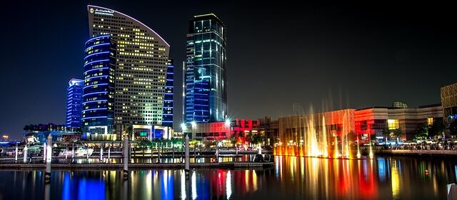 buildings, nature, city, lake, city lights, illuminated, skyscrapers, skyline, cityscape, reflection, water reflection, mirroring, night photography, dubai, night, water, modern, architecture, high-rise